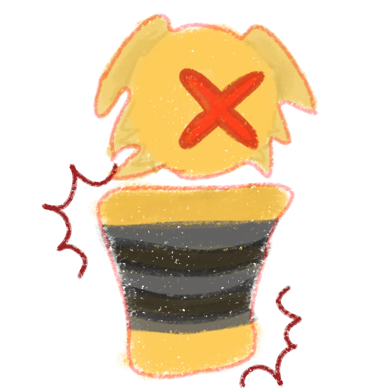 a yellow dog like creature with their ears down and a red X on their face, they are binding incorrectly with black and grey duct tape, there are red spikey lines emphasizing the discomfort.